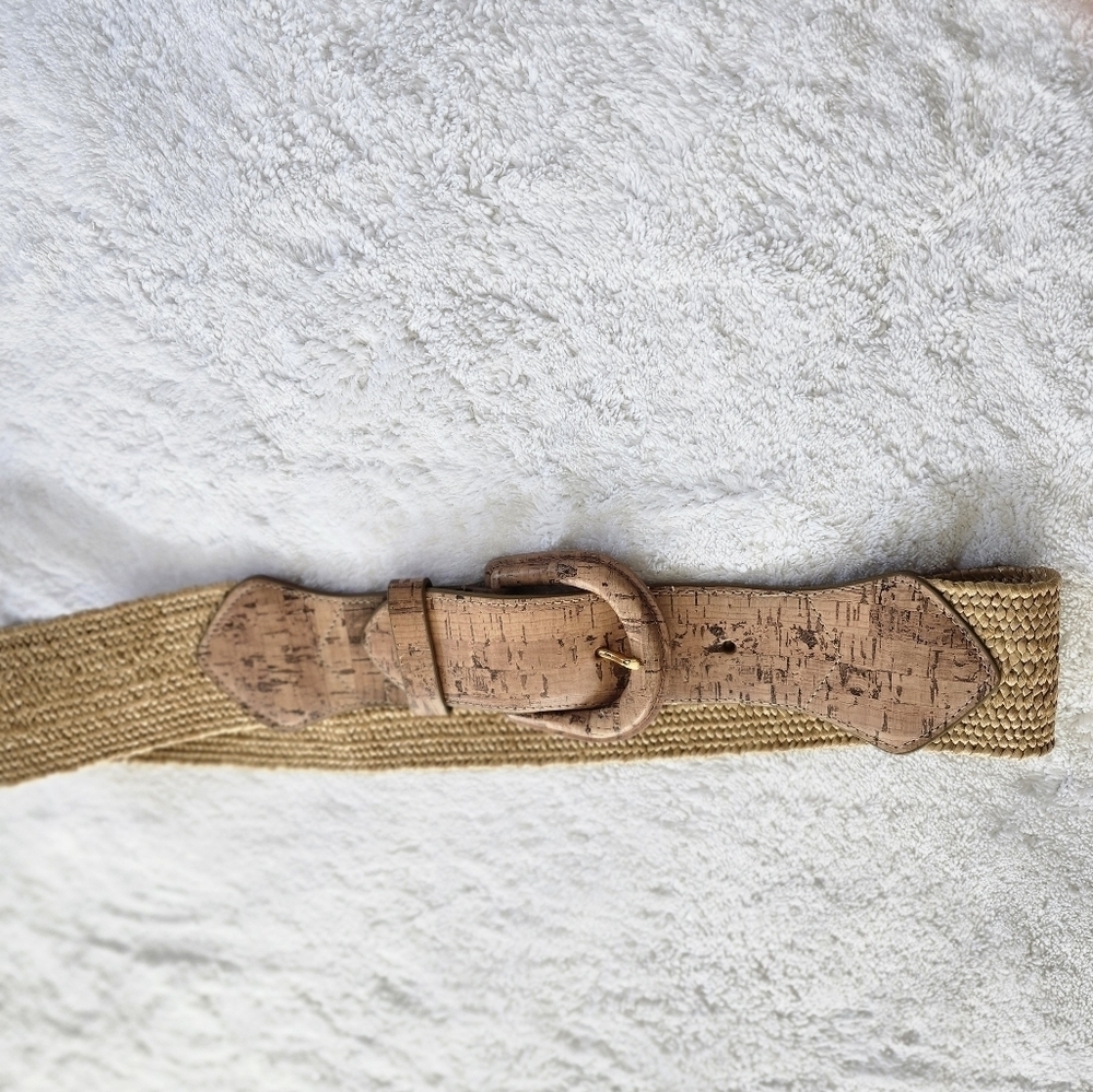 Lauren Gold and Brown Woven stretch Belt with Cork Buckle